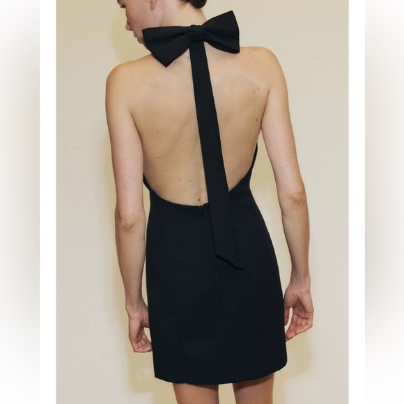 Zara NWT open bow back choker collar feel v neck black luxe thick mini dress - Picture 7 of 11